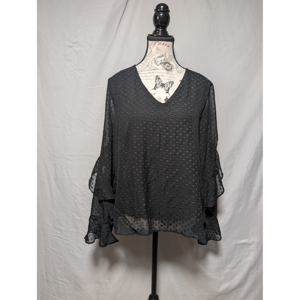 iZ Byer Black Swiss Dot Blouse Lined V-Neck Top Ruffle Bell Sleeve Women's Large